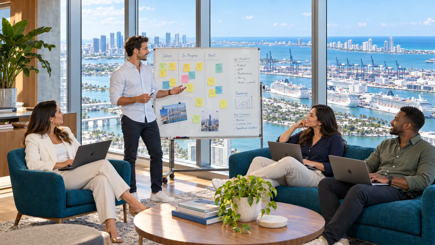 CH GlobeXmart team planning a U.S. launch in an office overlooking Miami and its port